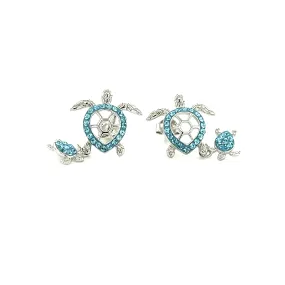 Mother and Baby Sea Turtle Earrings with Aqua Crystals in Sterling Silver