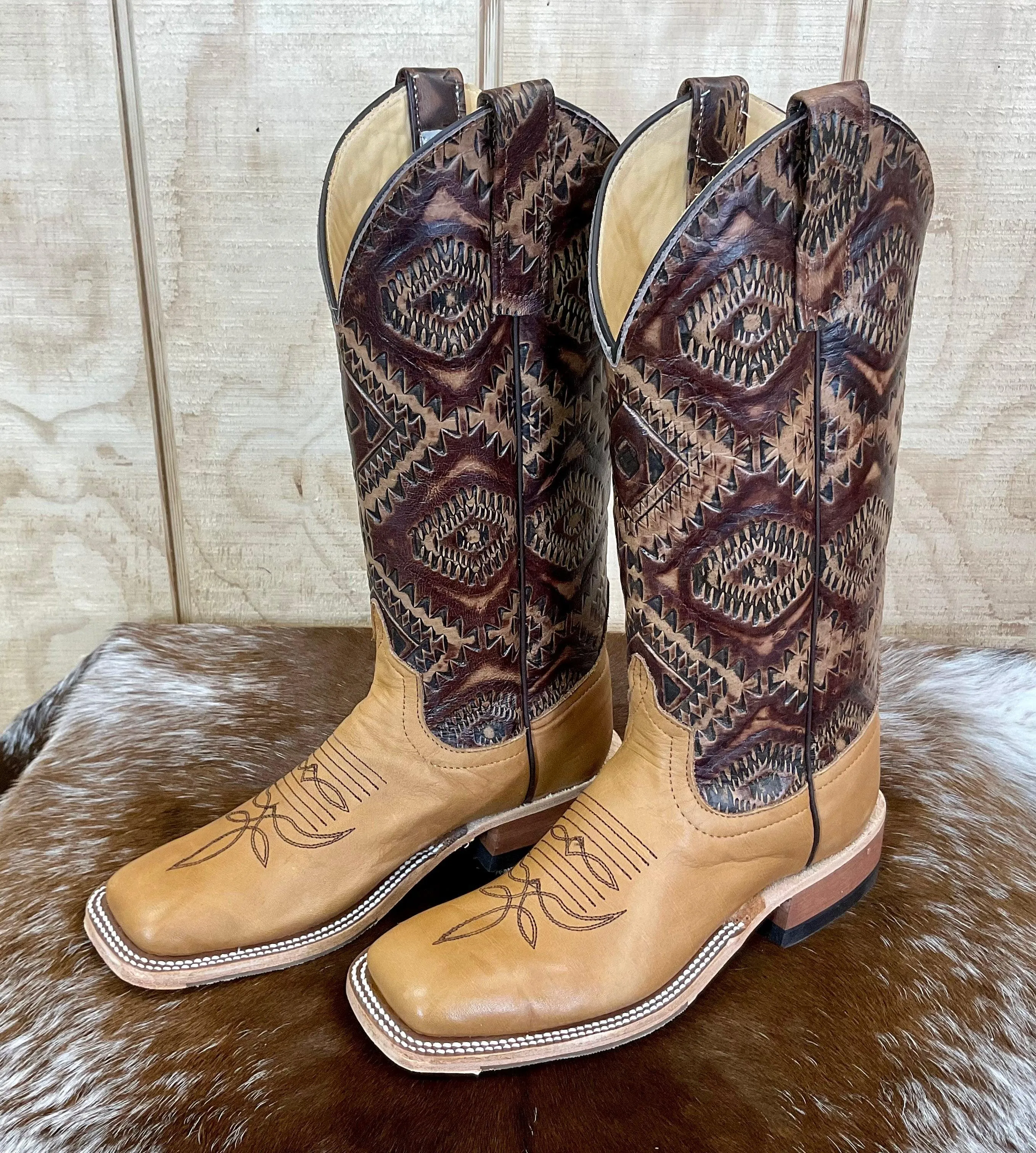 Anderson Bean Women's Belle Noce Tan & Kechi Embossed Square Toe Cowgirl Boots 333573