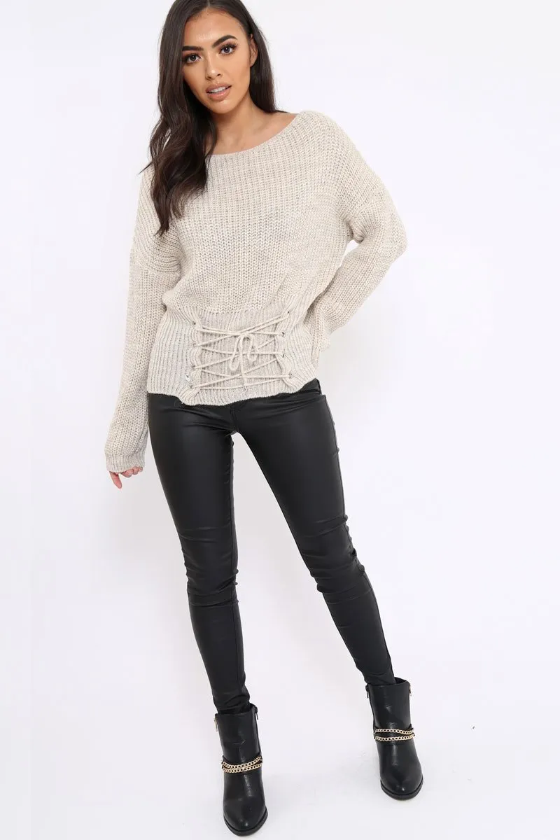 Beige Corset Waist Knitted Jumper - Elizabeth