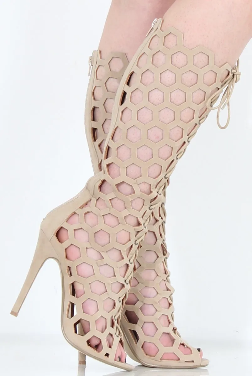 Beige Peep Toe Lace Up Heels - Honey