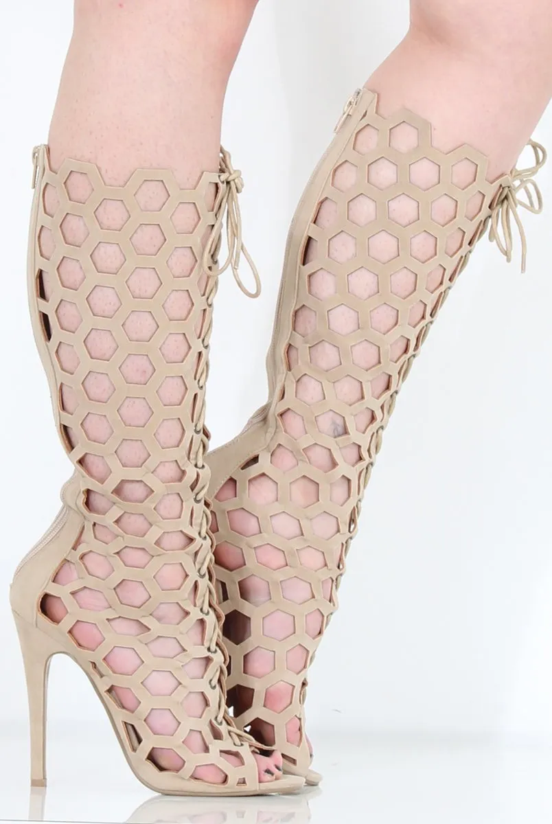 Beige Peep Toe Lace Up Heels - Honey