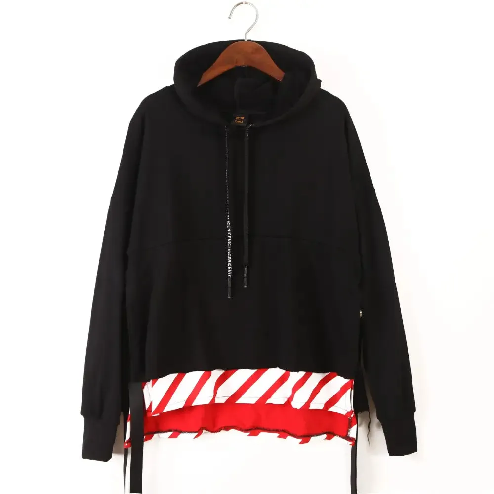 Black Contrast Color Irregular Two-Piece Loose Hoodie