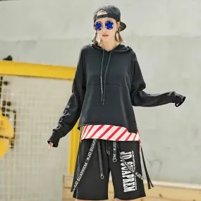 Black Contrast Color Irregular Two-Piece Loose Hoodie