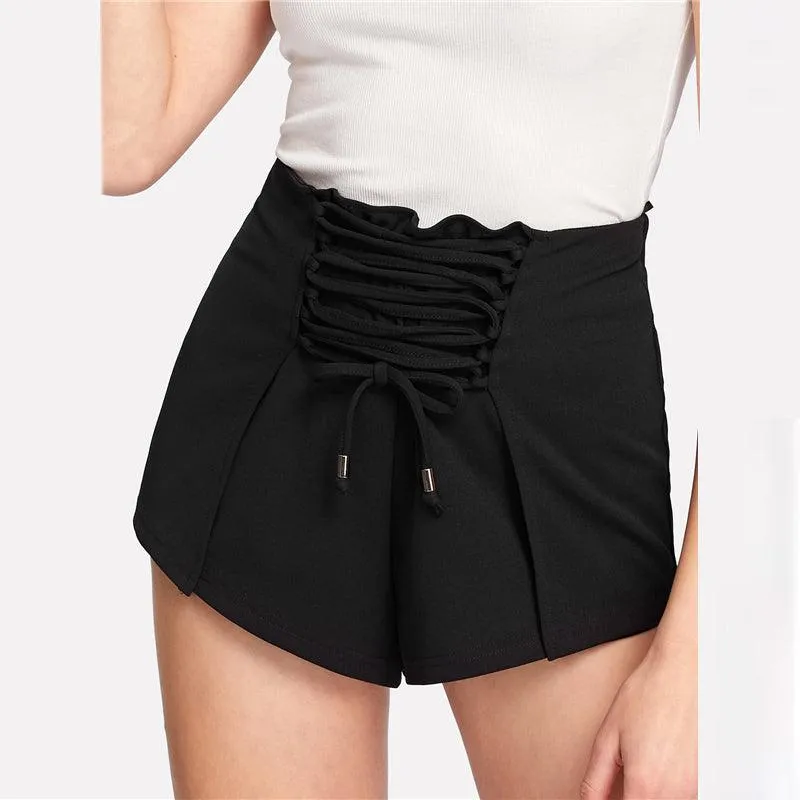 BLACK FRONT LACE-UP SHORTS