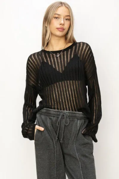 Black Openwork Ribbed Long Sleeve Knit Top