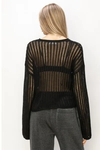 Black Openwork Ribbed Long Sleeve Knit Top