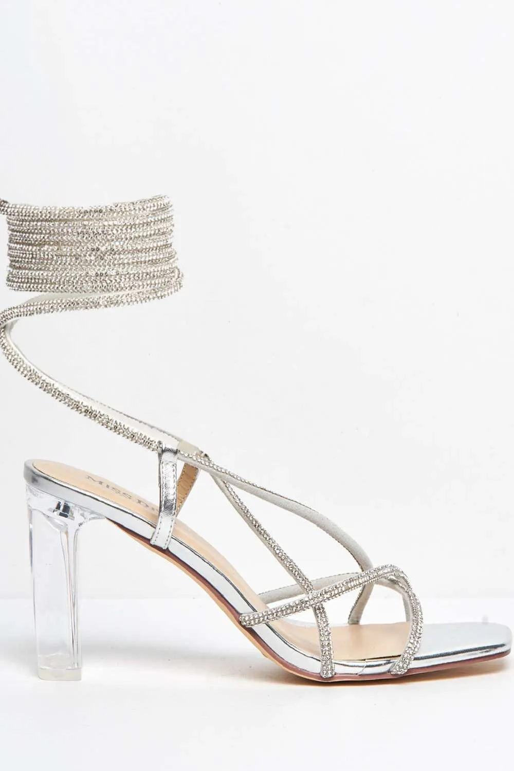 Celina Diamante Lace Up Perspex Block Heels in Silver Matt