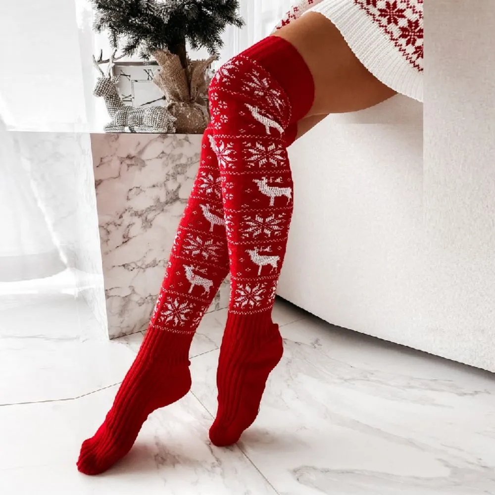 Christmas Snowflake Elk Long Tube Knitted Over The Knee Pile Women Socks