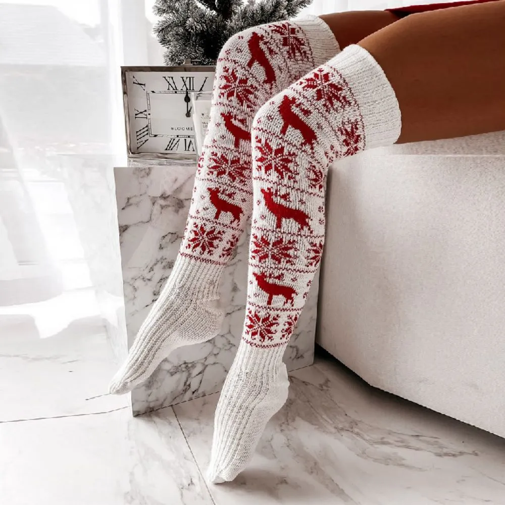 Christmas Snowflake Elk Long Tube Knitted Over The Knee Pile Women Socks