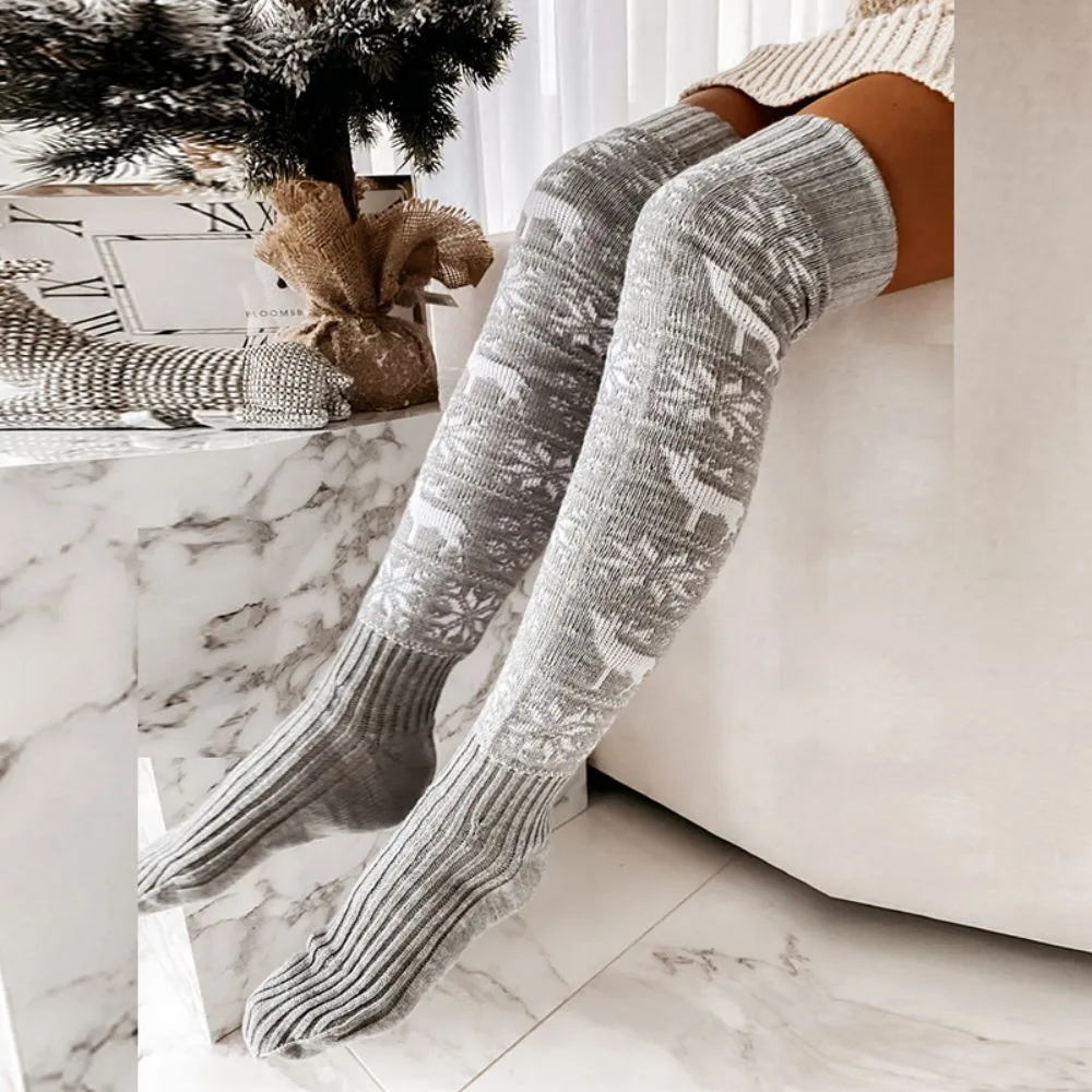 Christmas Snowflake Elk Long Tube Knitted Over The Knee Pile Women Socks