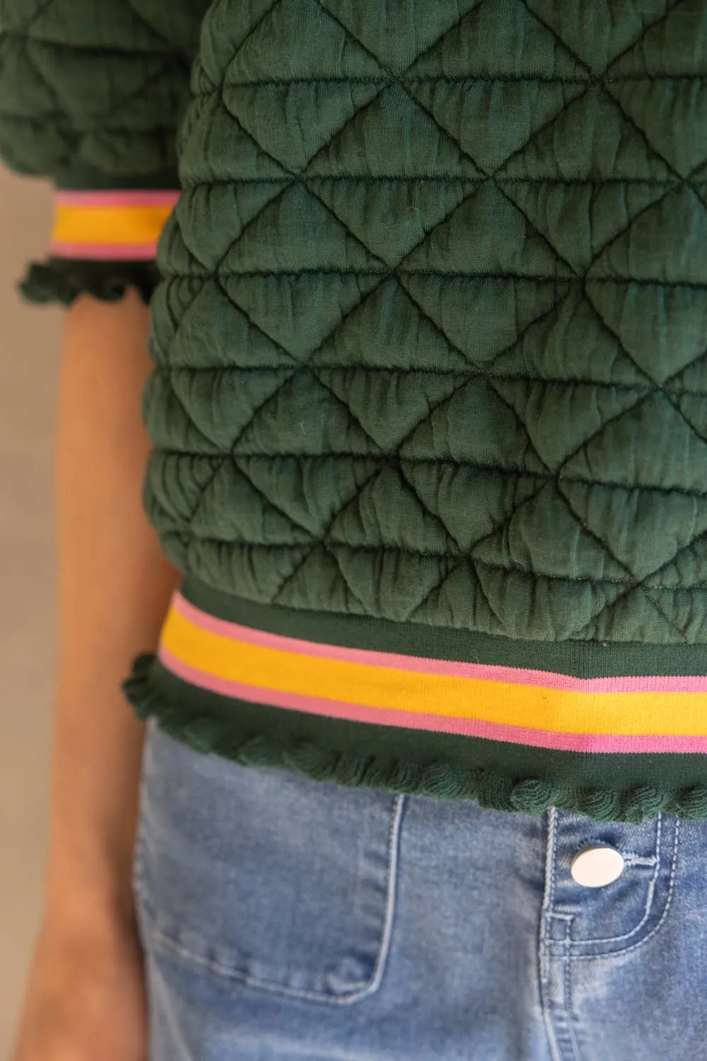 Green and Orange Quilted Striped Band Knit Top