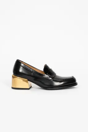 Black Heeled Loafer with Gold Accents