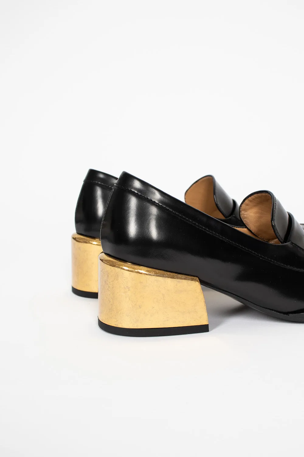 Black Heeled Loafer with Gold Accents