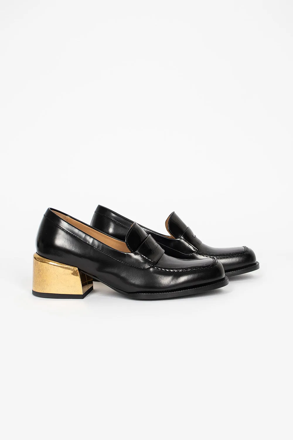 Black Heeled Loafer with Gold Accents