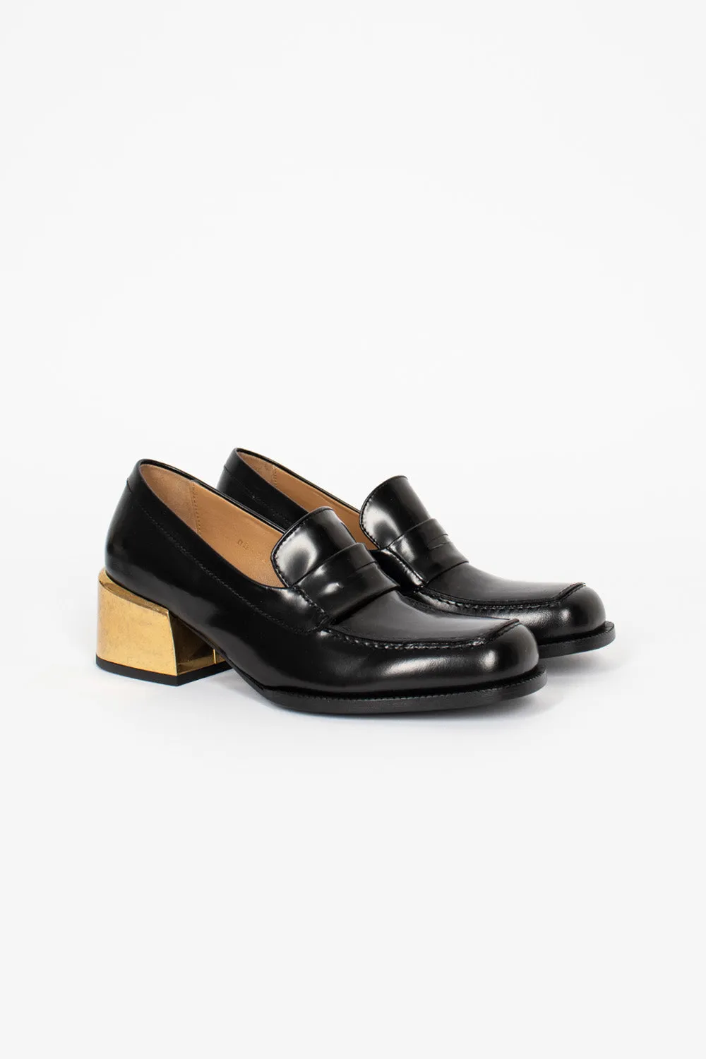 Black Heeled Loafer with Gold Accents