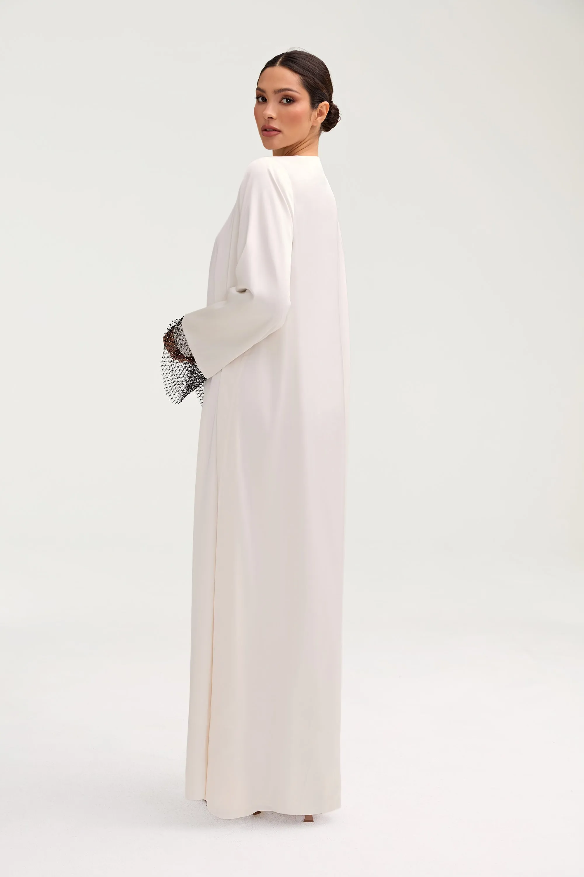 Lyana Crystal Mesh Satin Abaya - White