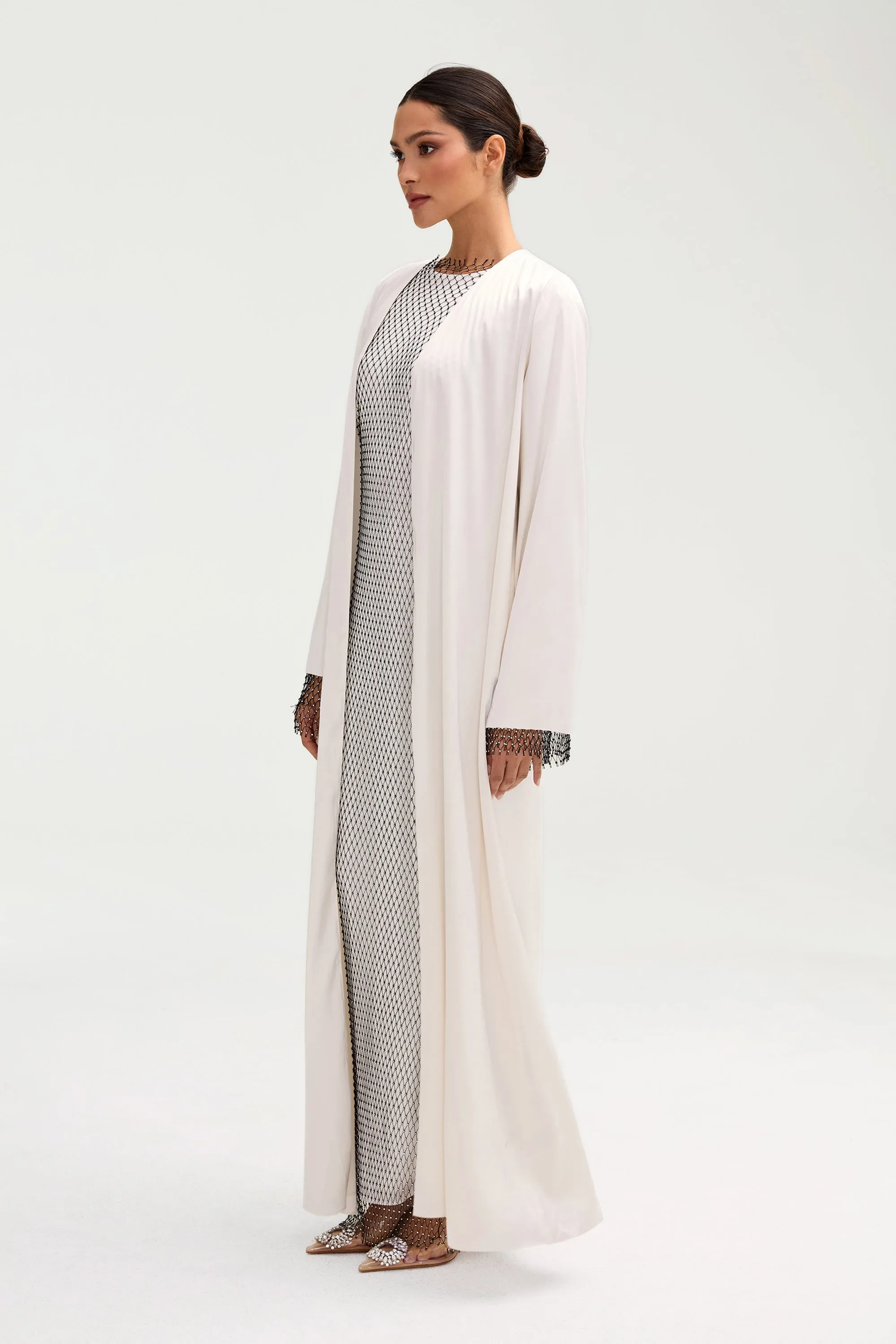 Lyana Crystal Mesh Satin Abaya - White