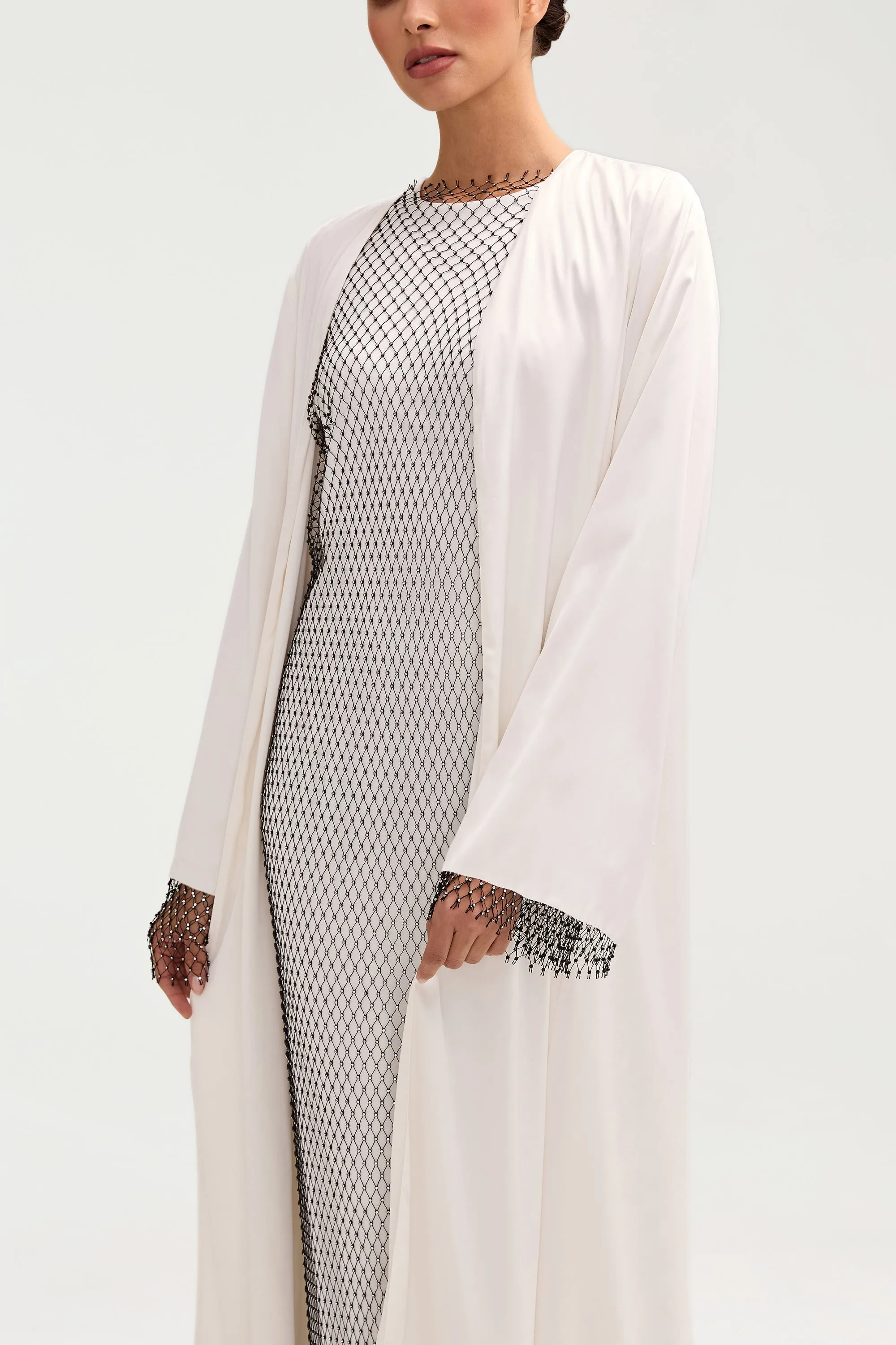 Lyana Crystal Mesh Satin Abaya - White