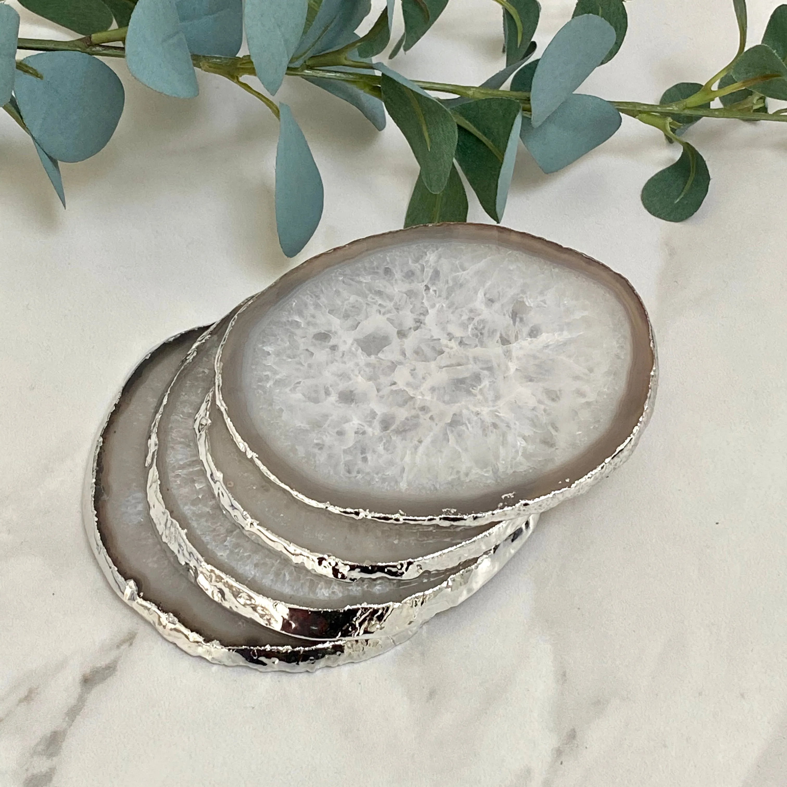 Natural White Agate Crystal Coasters with Silver Plated Edge