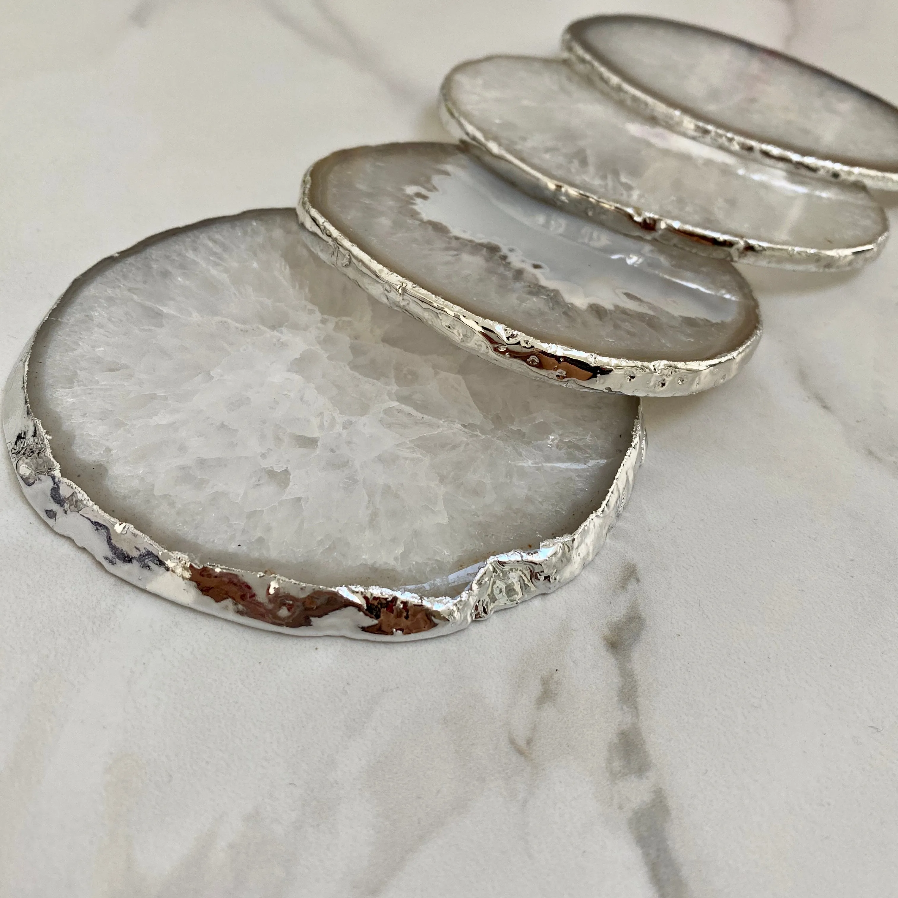 Natural White Agate Crystal Coasters with Silver Plated Edge