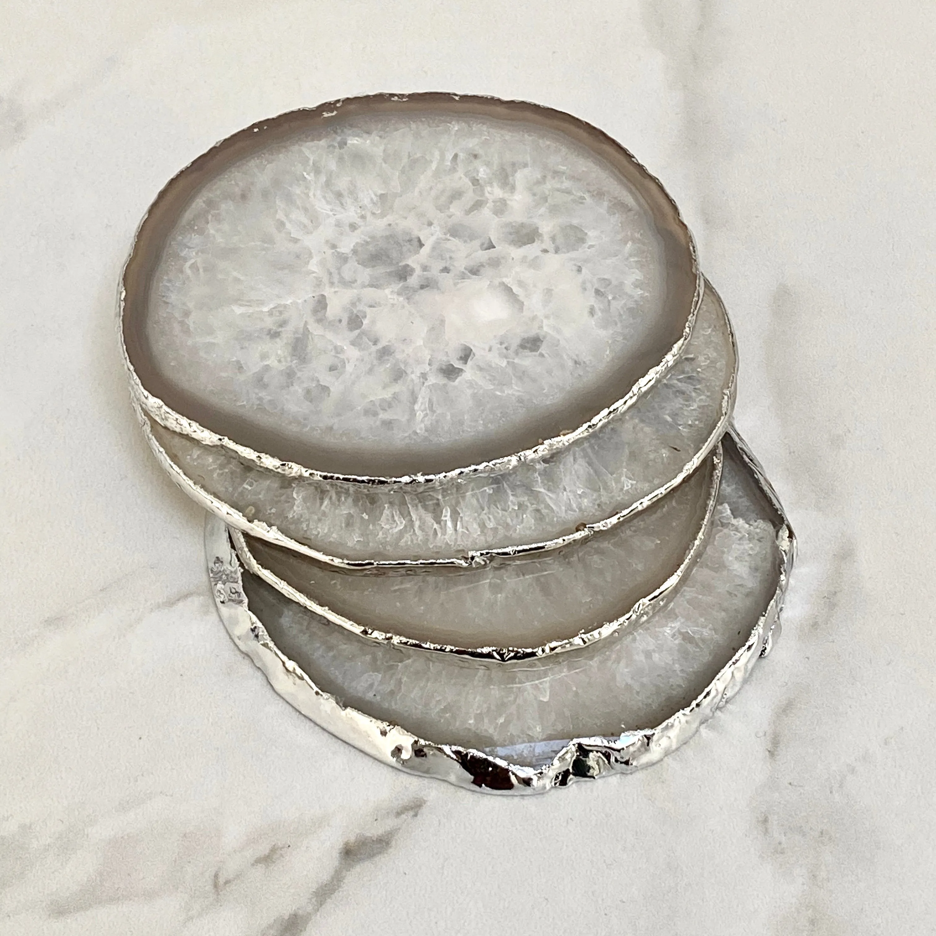 Natural White Agate Crystal Coasters with Silver Plated Edge