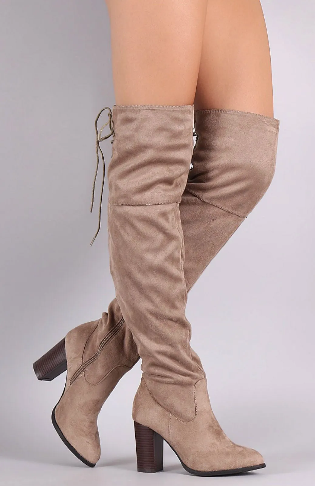 Over the Knee Lace Up Boots with Heel - Taupe