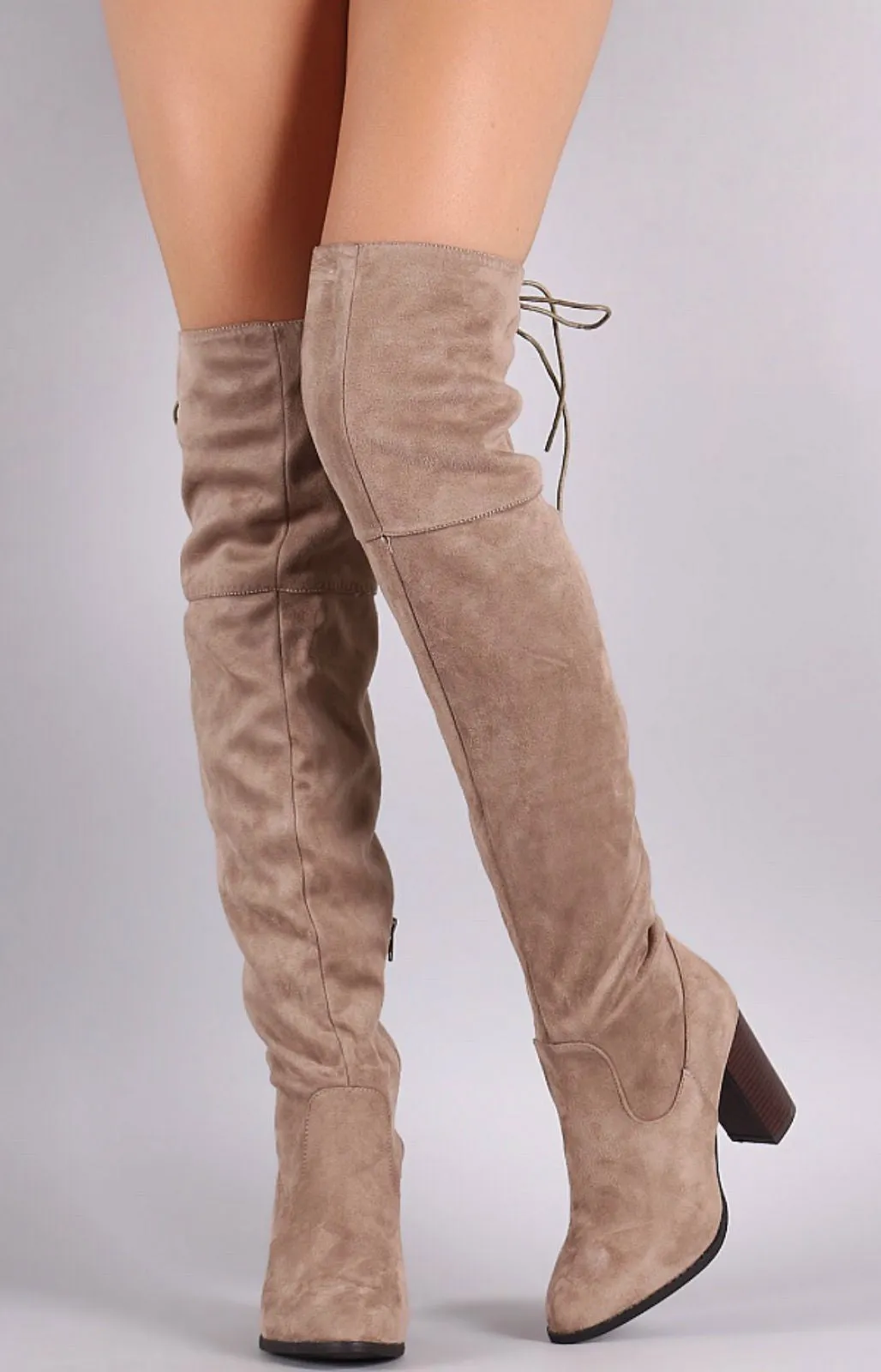 Over the Knee Lace Up Boots with Heel - Taupe