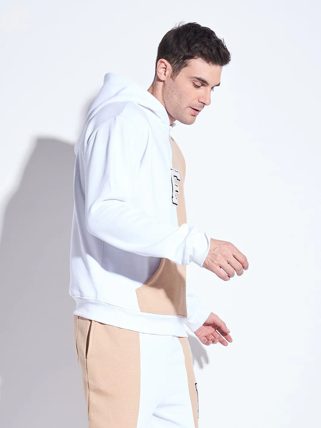 White & Beige Cut Sew Hooded Sweatshirt