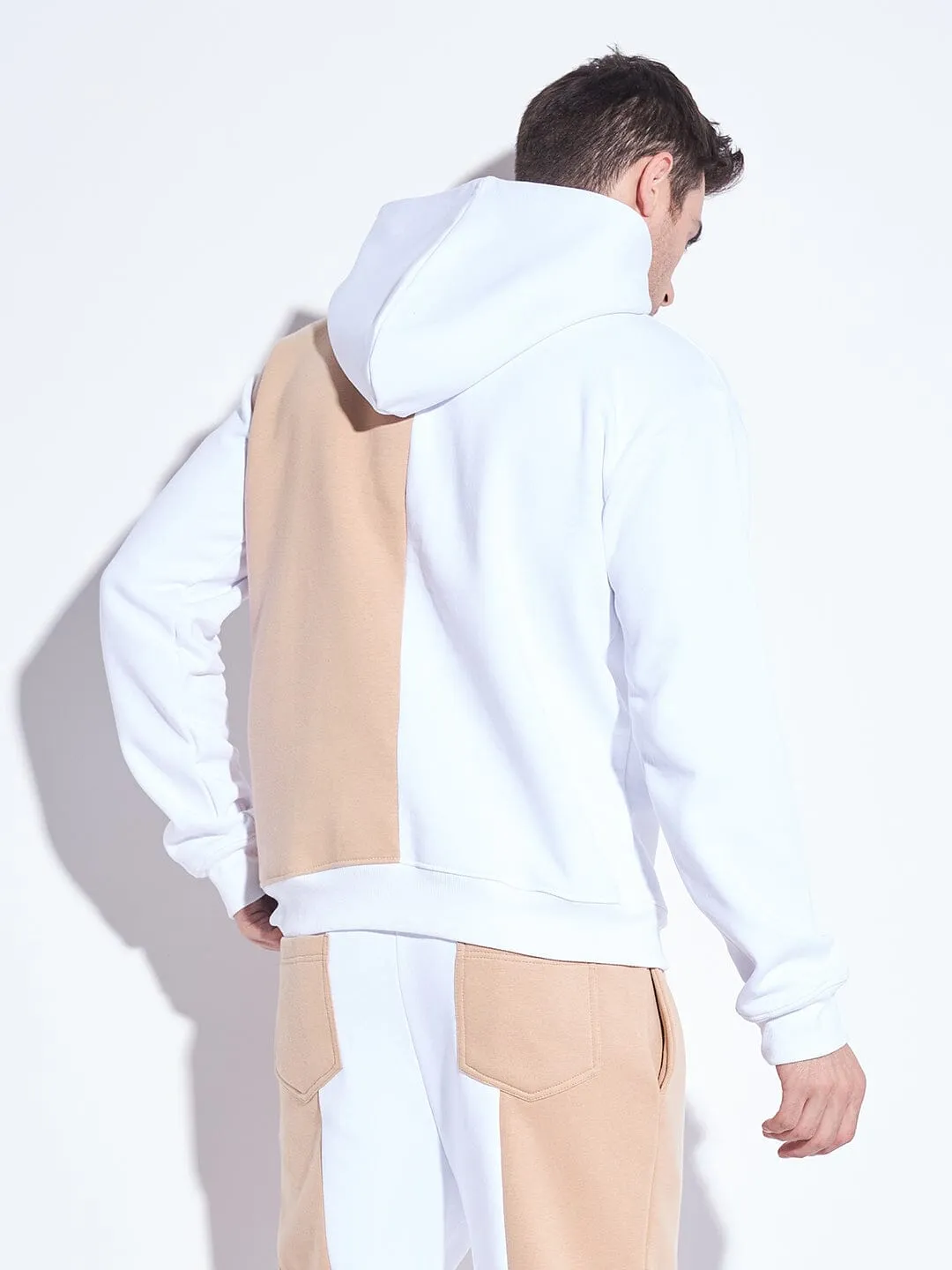 White & Beige Cut Sew Hooded Sweatshirt